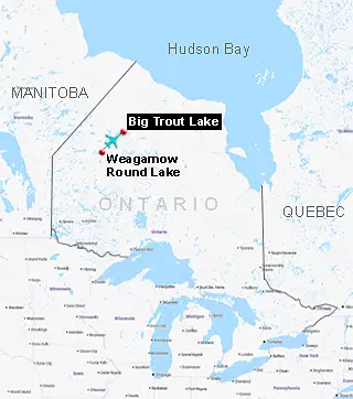 Map showing the route from Armstrong to Big Trout Lake